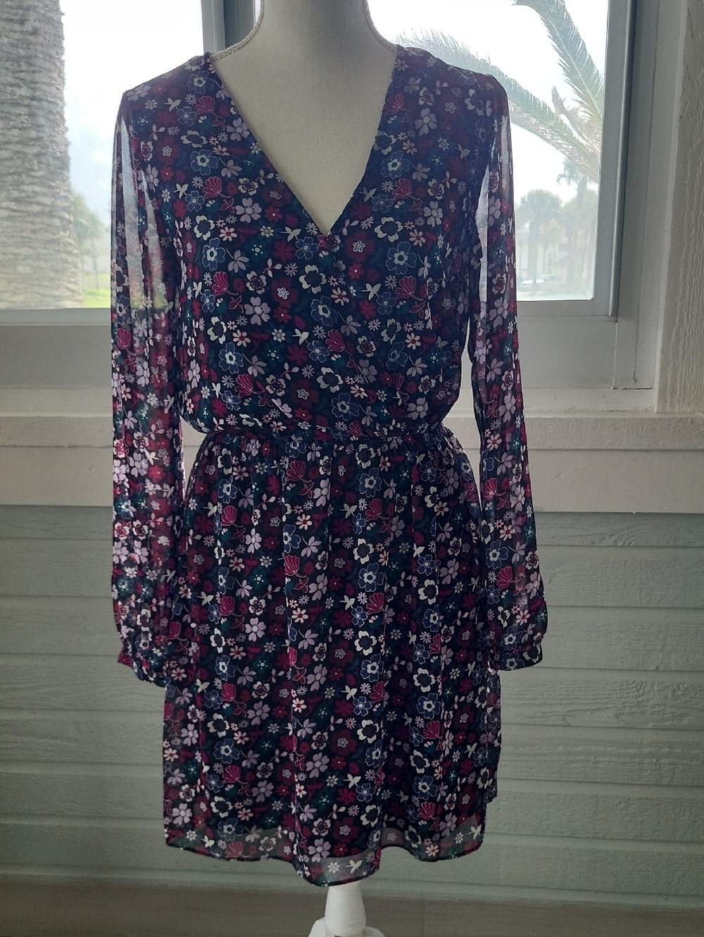 Express Navy Floral Long Sleeve V-Neck Dress with Pink Accents